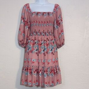 Pink Floral Boho Cottage Garden Party Cute Flowy Summer Mini Dress Puff Sleeve M
